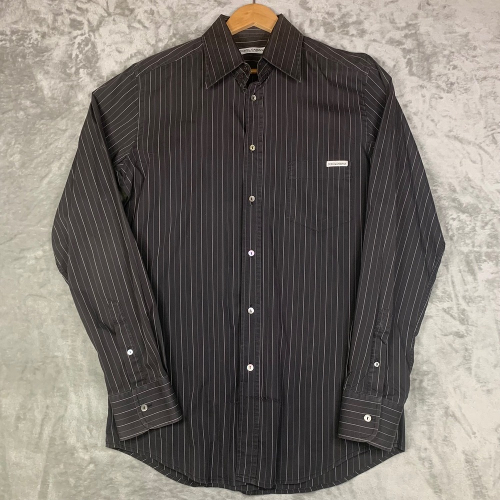 VTG Dolce & Gabbana Faded Black Pinstripe Button Shirt Slim Y2K Archive 16.5 42